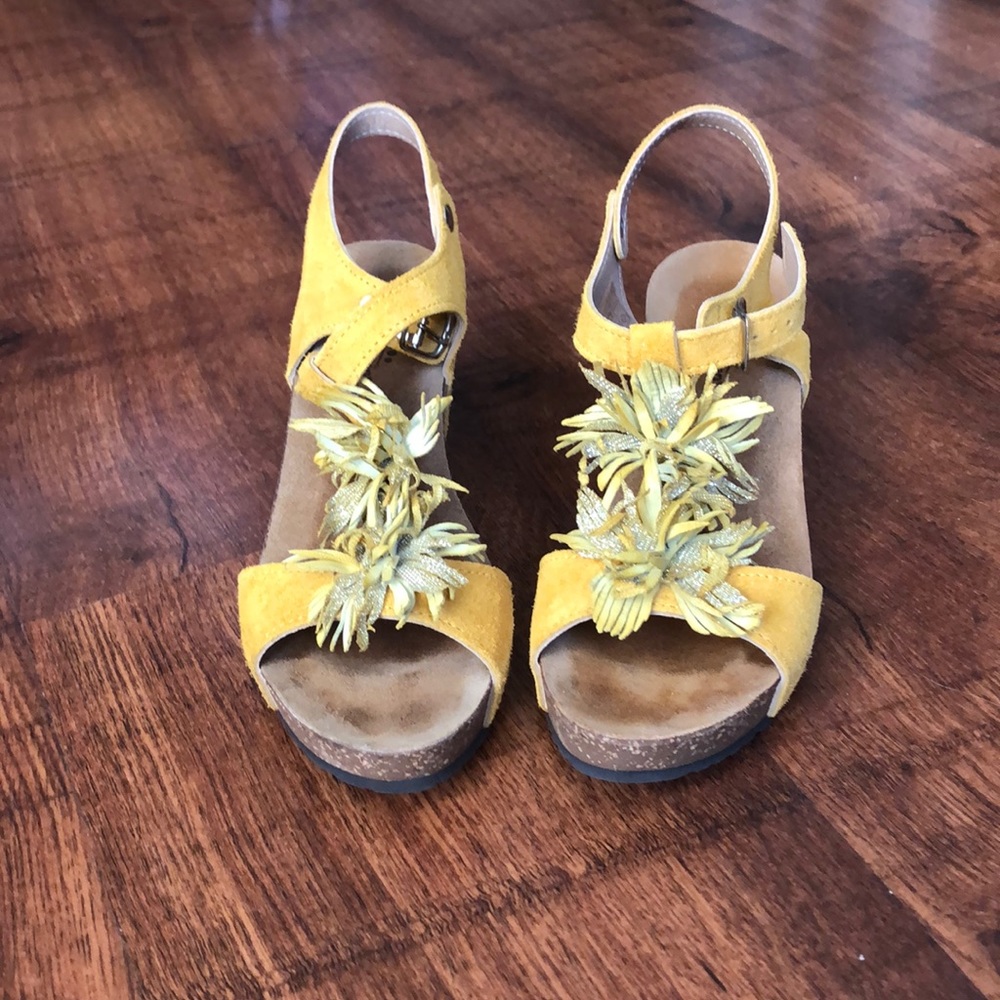 Mustard yellow wedge sandals. Size 38 (7.5-8)